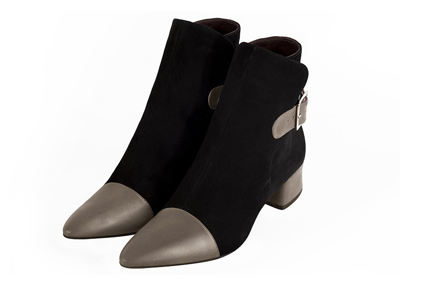 Taupe brown and matt black women's ankle boots with buckles at the back. Tapered toe. Low flare heels. Front view - Florence KOOIJMAN